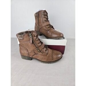 SO Hackberry Cognac Brown Lace Up Combat Boots Knit Collar Womens 7.5 M